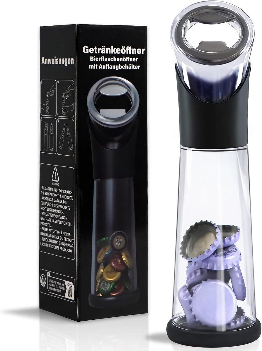 Mortier bier opener - Zwart - Kunststof met siliconen pads - Flesopener met Kroonkurkverzamelaar - Voor Thuis en Feest