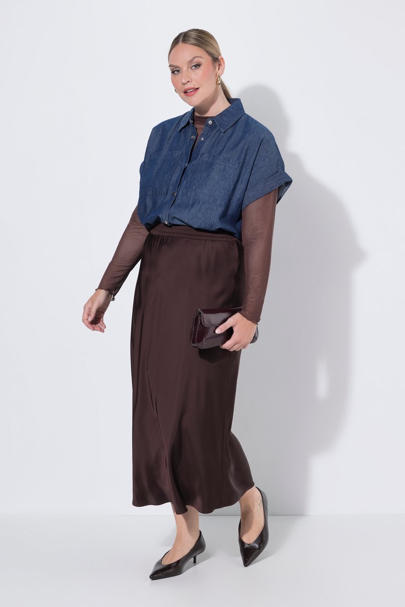 MIAMODA - Dames - Maxi-rok van satijn A-lijn elastische tailleband - Hazelnootbruin - Maat 46