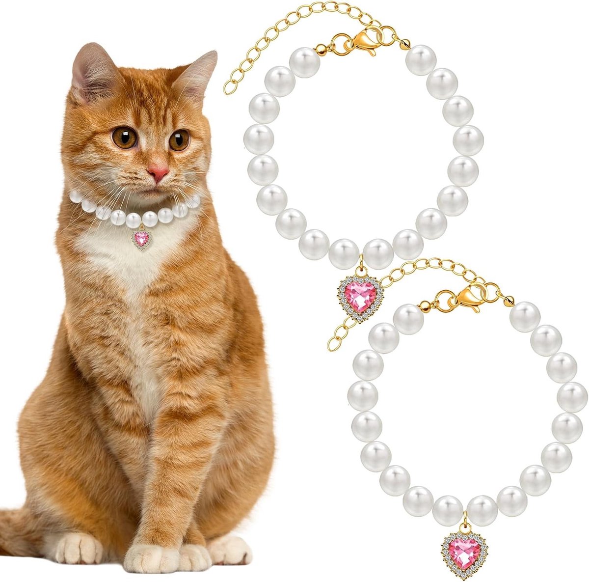 Schattige parelketting met hartvormige hanger voor katten en kleine honden, verstelbare maat, perfect voor bruiloften en feesten, trendy huisdieraccessoires
