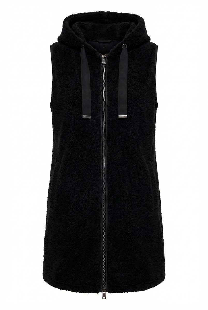 Ulla Popken - Dames - Lang teddyvest A-lijn capuchon - Zwart - Maat 50+