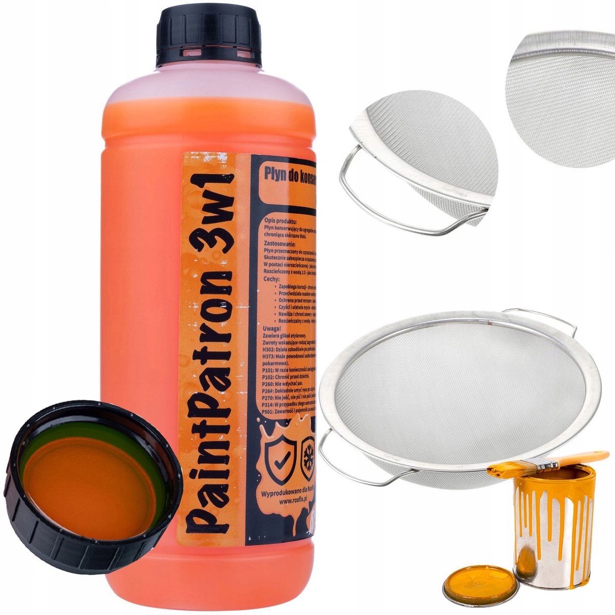 Rosfix Conserveer- en Reinigingsmiddel Set - PaintPatron 3w1 1L - Roestvrijstalen Zeef 290mm 60 Mesh