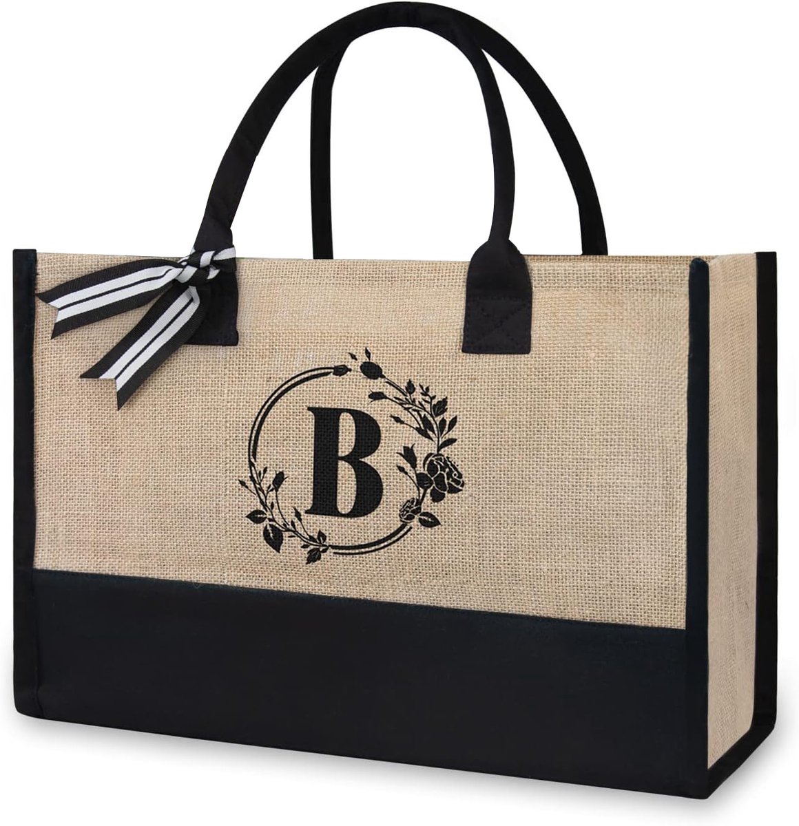 MODFU Shopper Tas Dames – Grote Canvas Tas 42 cm – Stevige bodem – Lichtgewicht & duurzaam – Voor boodschappen, werk & strand – Jute/Katoen – Beige/Zwart