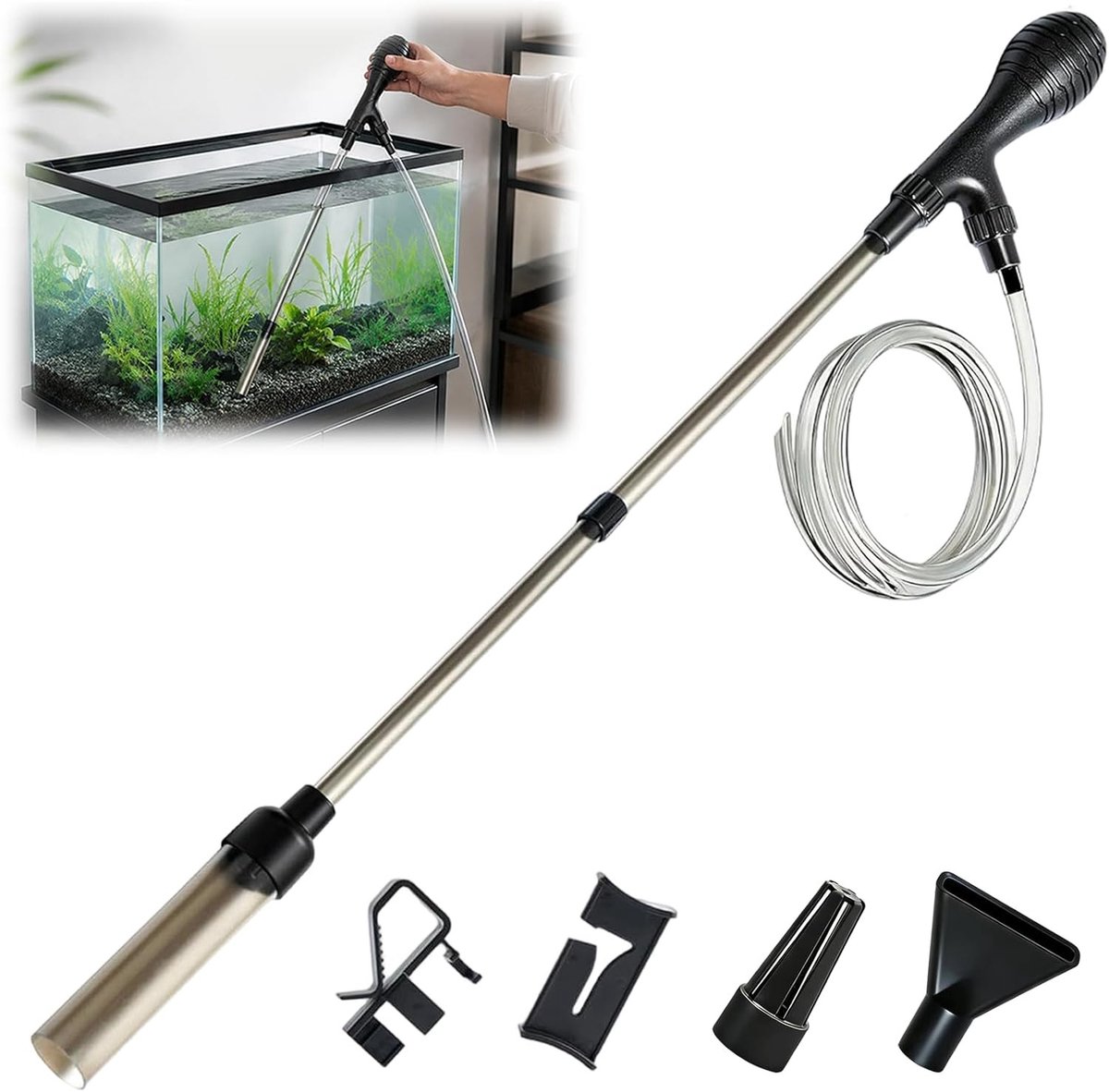 2-in-1 aquariumzuiger met 2 m slang en slanghouder voor waterwissel en aquariumreiniging, ideaal voor zandfilters en onderhoud van aquaria