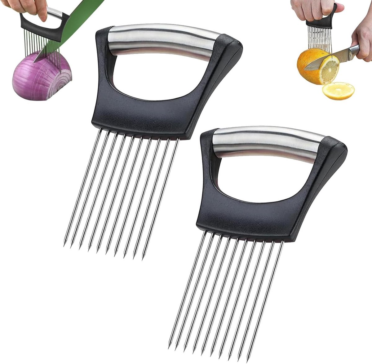 Uiensnijder Set - Zwart - 14 x 9,5 cm - Roestvrijstalen Snijhulpmiddel - Voor Groenten en Vlees