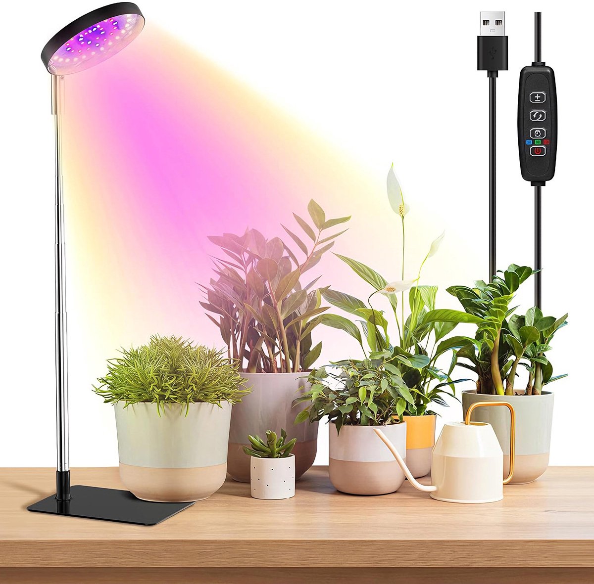 Rosnek LED Kweeklamp voor Tafel - Full Spectrum Groeilamp voor Planten - 48 leds Dimbaar met Timer 3/9/12 uur - Hoogte Verstelbaar met Voet of Direct in Potgrond - USB Plantenlamp - Zwart