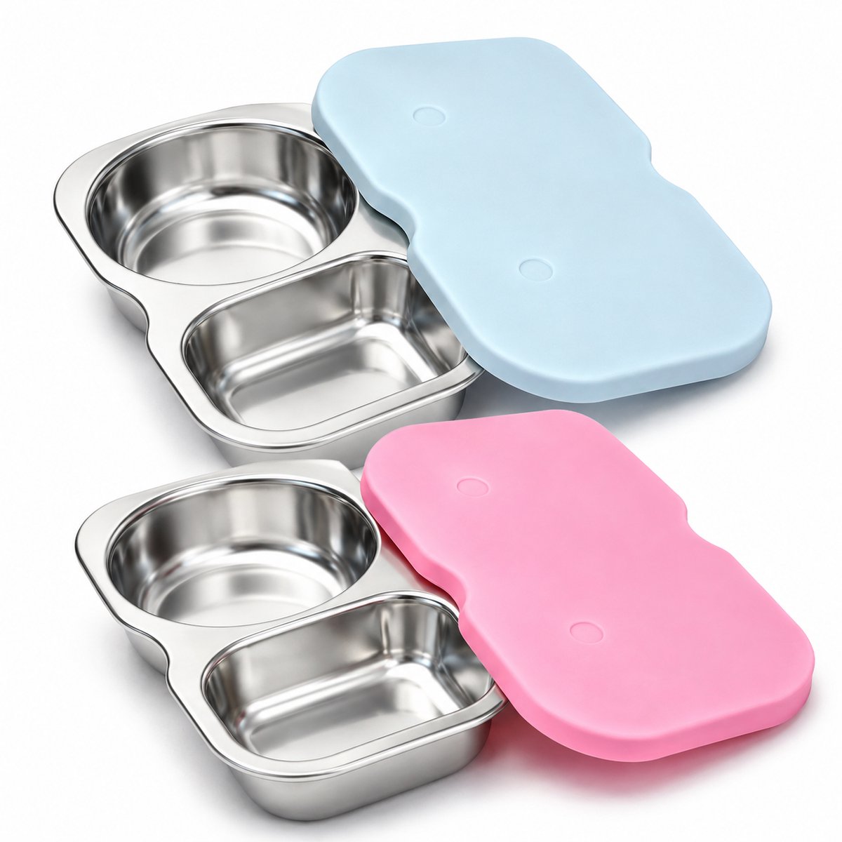 Snackbox - Bentobox 2 Stuks- Lunchbox - Met Vakjes - Roestvrij Staal - 150 Ml Voor Kinderen, Kantoor, School - Voor Fruit, Maaltijden Roze/Blauw