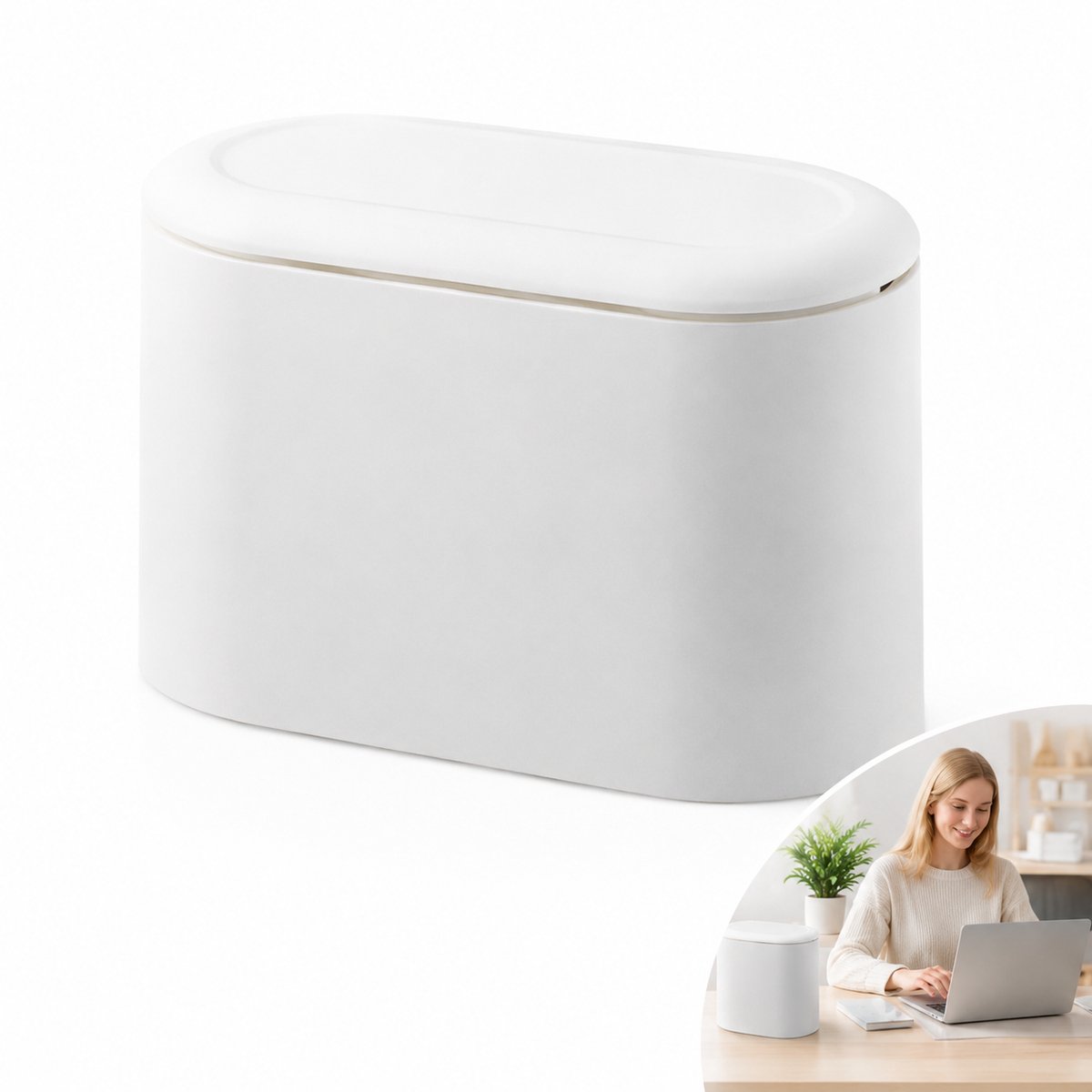 Prullenbak - Mini Bureau Prullenbak - Dubbellaags - Handig Drukdeksel - 1,5 Liter - Voor Keuken, Slaapkamer, Studentenkamer - Wit