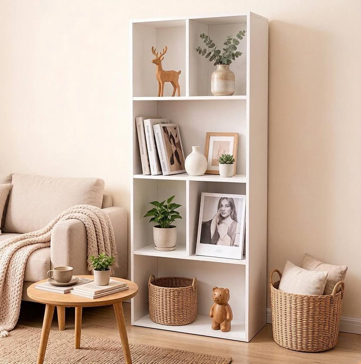 Boekenkast Vrijstaand – 50,2 x 29,2 x 118 cm – MDF – Wit – 6 Open Vakken – Met Achterwand – voor Boeken