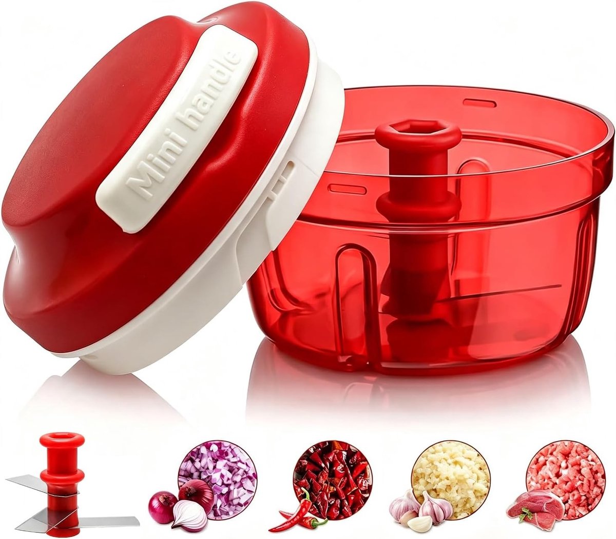 Uiensnijder - Rood - 300 ml - Handmatige Groentesnijder met Trekkoord - Voor Thuisgebruik