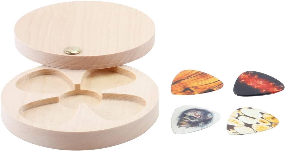 Guitar pick box met 4 houten houder voor plectra en driehoekige plectrums voor gitaristen