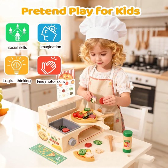 Houten speelgoed pizza set - 50-delig - pizzaoven met snijder - rolspel voor kinderen vanaf 3 jaar — afbeelding 5