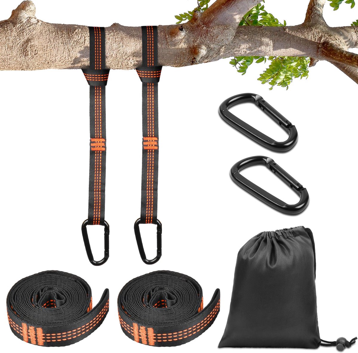 Schommel Ophangset - 2x 2 Meter Boomriemen - Inclusief 2 Karabijnhaken & Opbergtas - Geschikt voor Schommel, Hangmat & Hangstoel - Draagvermogen 300 kg - Oranje