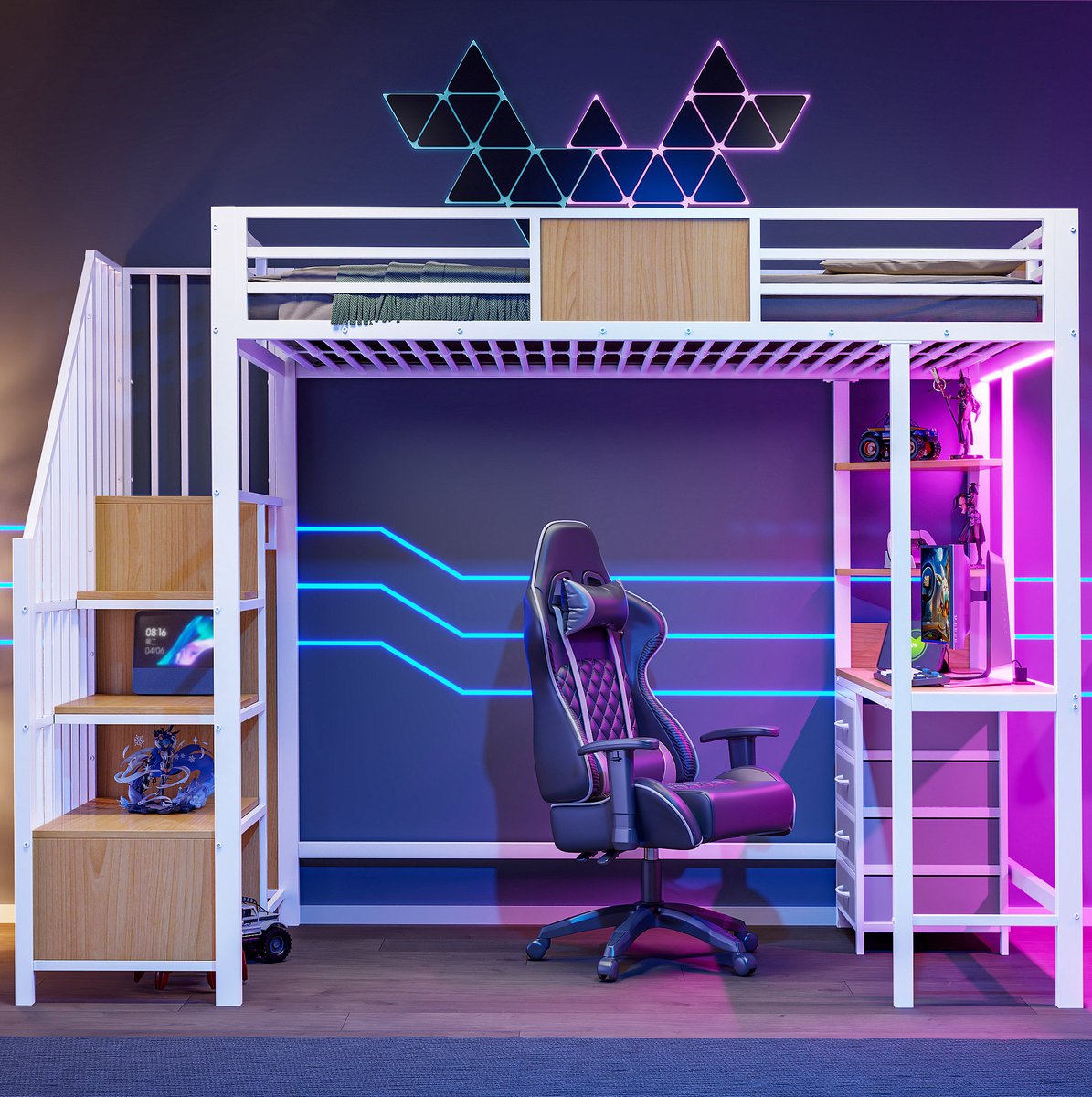 Wishdor Hoogslaper 90x200 cm - Met bureau en opbergruimte - Metaal en MDF - LED-verlichting en stopcontact - Wit - 252,2 x 95,5 x 175 cm