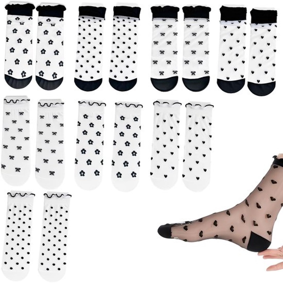 Dames sokken middelhoog model popsokken set van 8 paar – ademende dunne nylonsokken met bloemenprint – zomer sokken zwart wit – comfortabel voor dagelijks gebruik