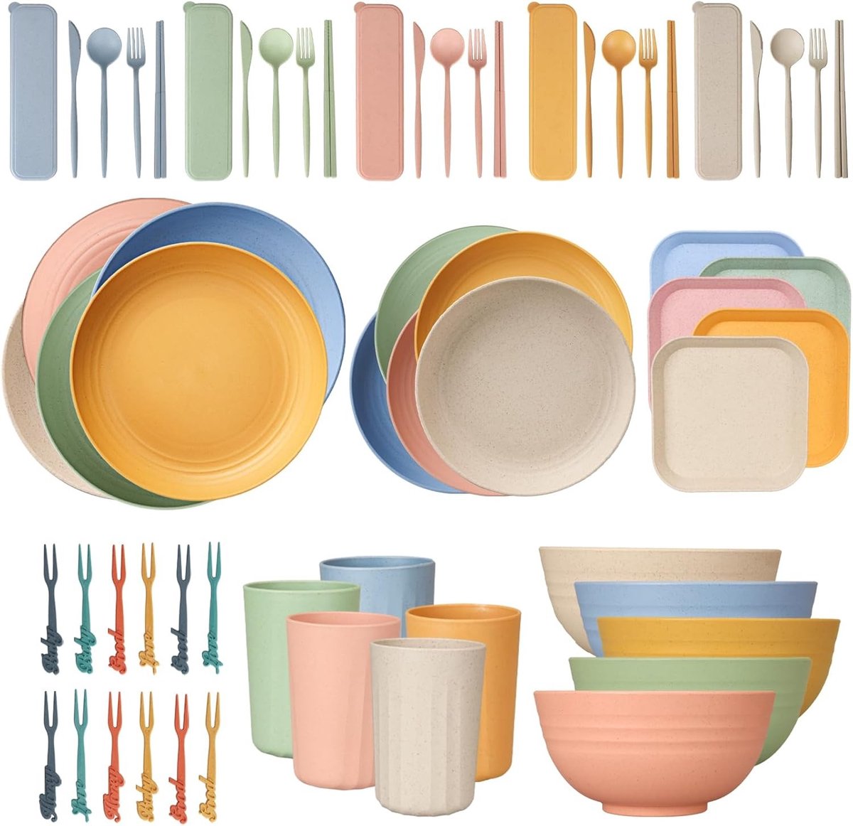 Steengoed dinerset - Multicolor - Serviesset voor 5 personen - Lichtgewicht onbreekbaar plastic - Voor picknick en camping