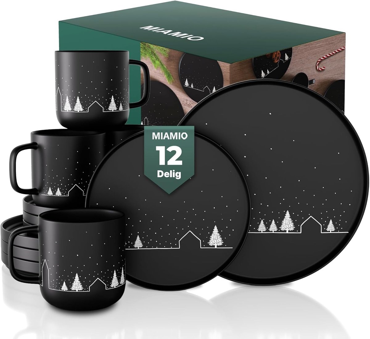 Steengoed dinerset - Wit - 12-delig - Keramiek met winterse sneeuwvlokprint - Voor dagelijks en feestelijk gebruik
