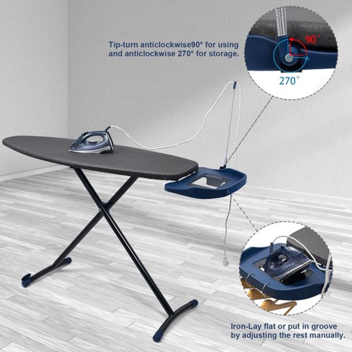 Strijkplank Extra Breed 46 x 135,8 cm - Hittebestendige Hoes - Antislip - Stevige Stalen Constructie - Viltvulling - Wieltjes - Strijktafel