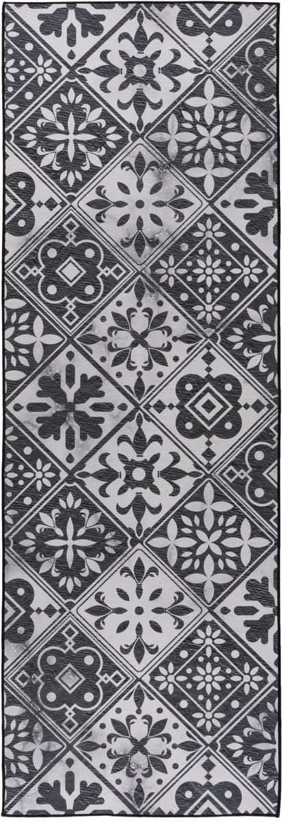 Padiro laagpolig vloerkleed 60 x 180 cm - grijs - grafisch tekstdesign - geschikt voor vloerverwarming - van polyester