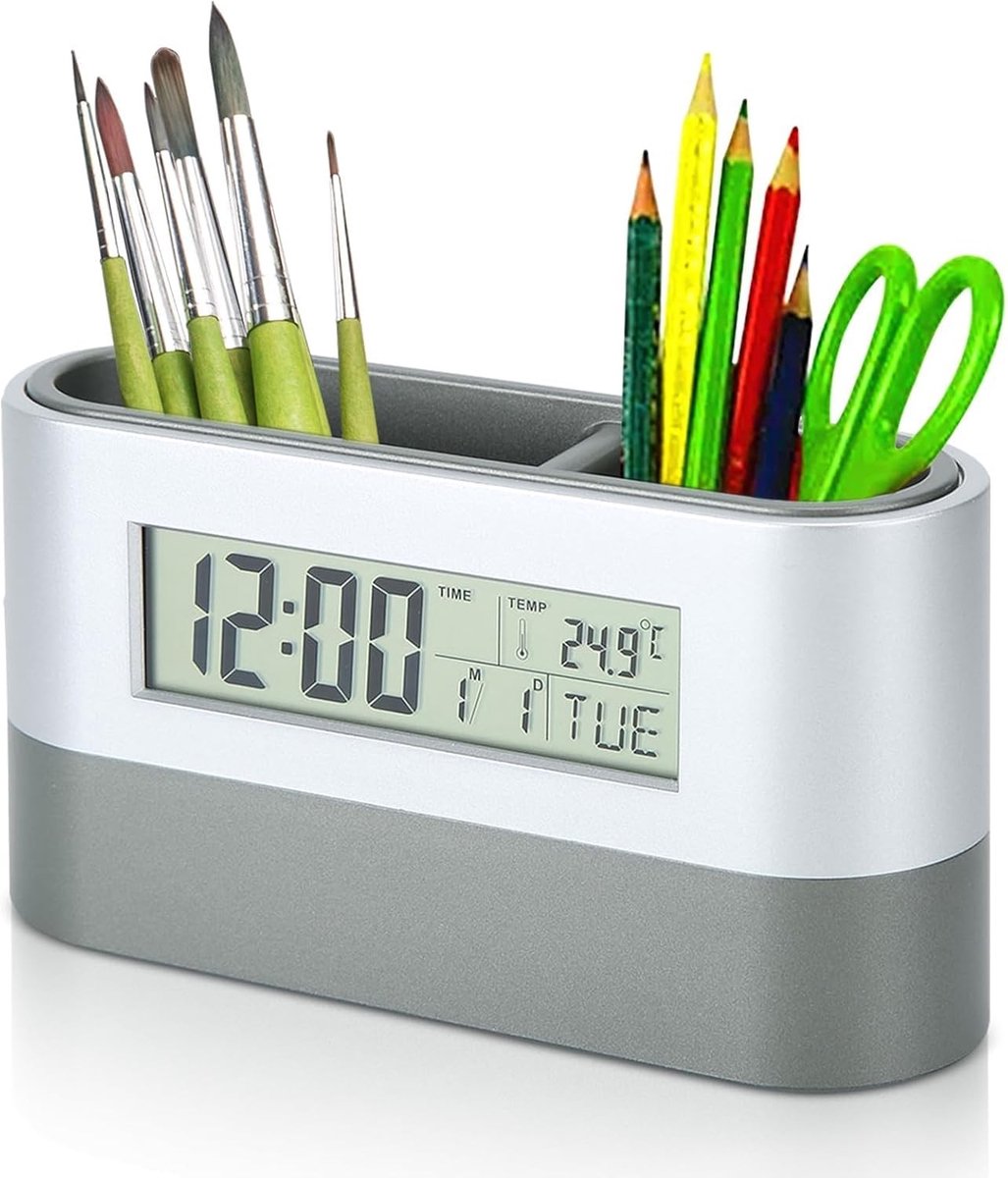 Pennenhouder met Digitale LCD Klok, Kalender, Timer en Temperatuurweergave voor Thuis en Kantoor, 15 x 4.8 x 8 cm, Perfect voor Bureauorganisatie en Tijdbeheer