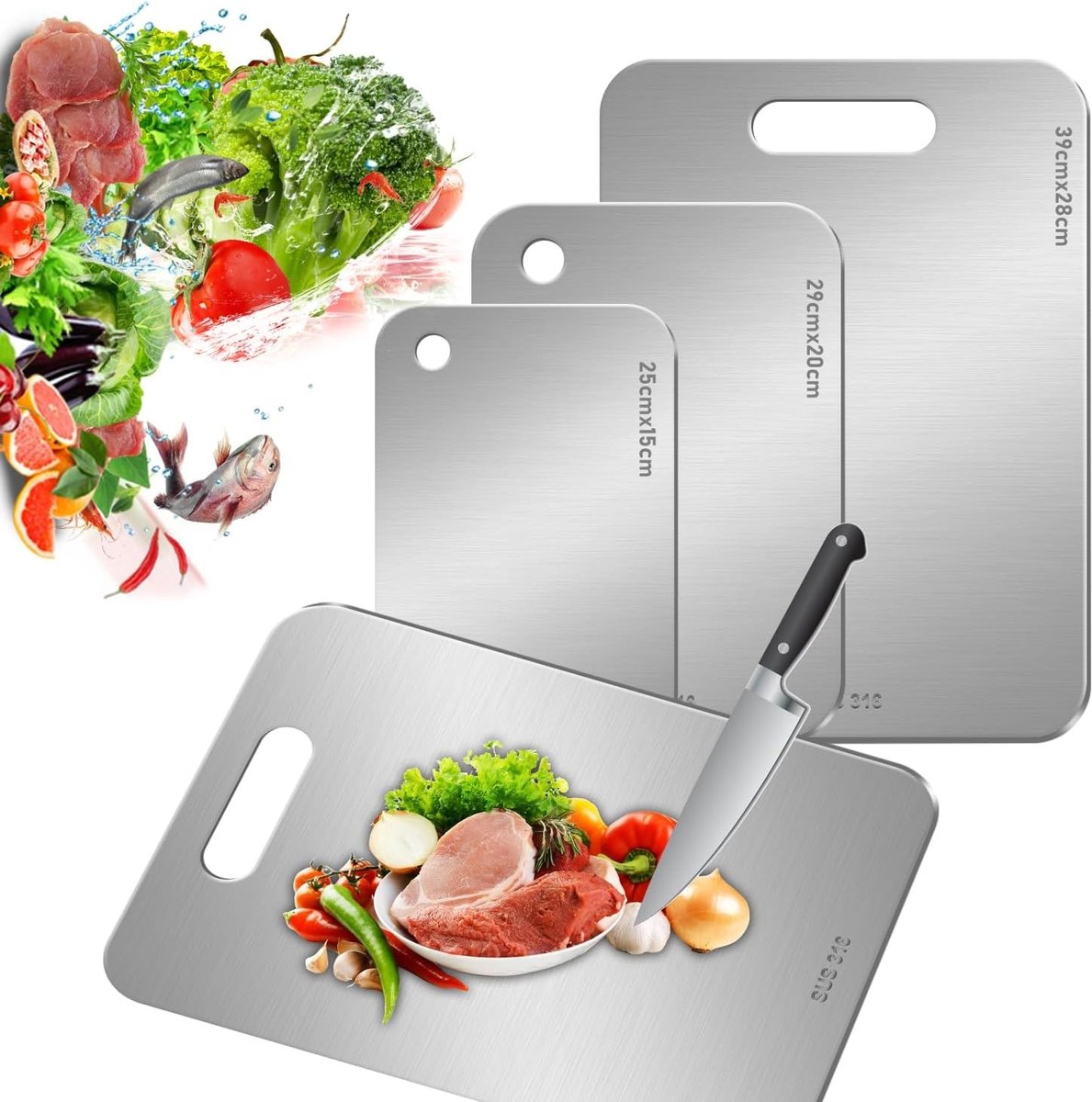 Snijplank Set van 3 - Roestvrij Staal - Diverse Maten - Dubbelzijdige Hygiënische Keukenplanken - Voor Vlees, Groenten en Fruit