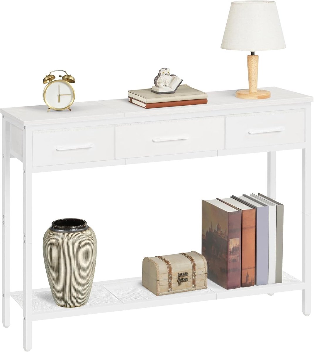 Compacte consoletafel - Wit - 97 cm L - Met 3 stoffen laden en open plank - Voor hal en woonkamer