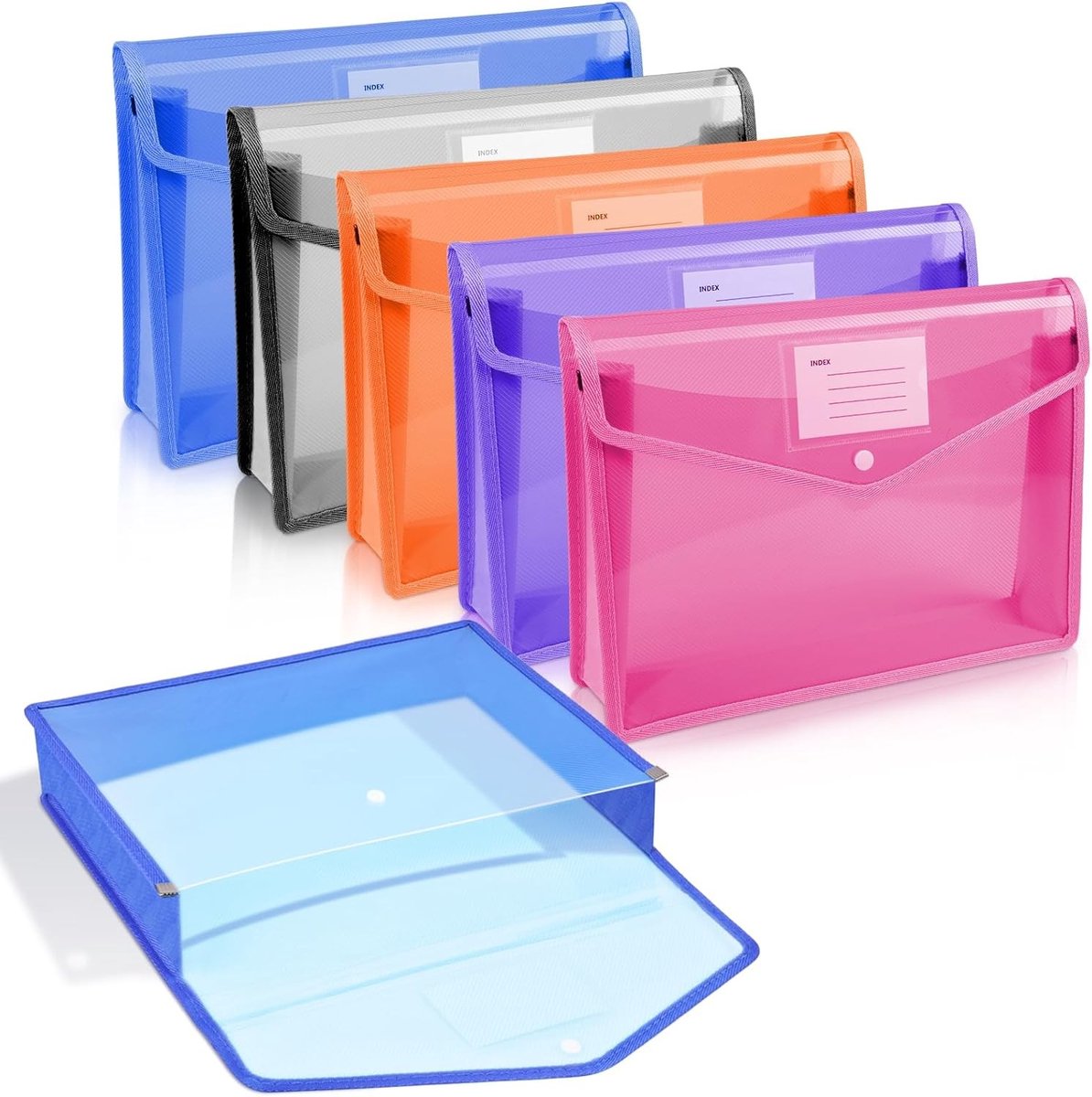 Set van 5 Transparante A4 Plastic Documentenmapjes, Waterdicht met Drukknop en Kaartsleuf in Diverse Kleuren
