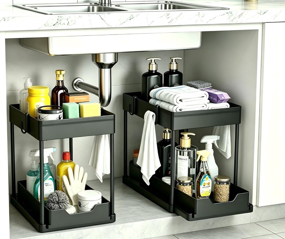 Gootsteenkast organizer uitrekbaar - Zwart - 15 x 20 x 33 cm - 2-laags schuiflade van ABS en staal - Multifunctioneel voor keuken en badkamer
