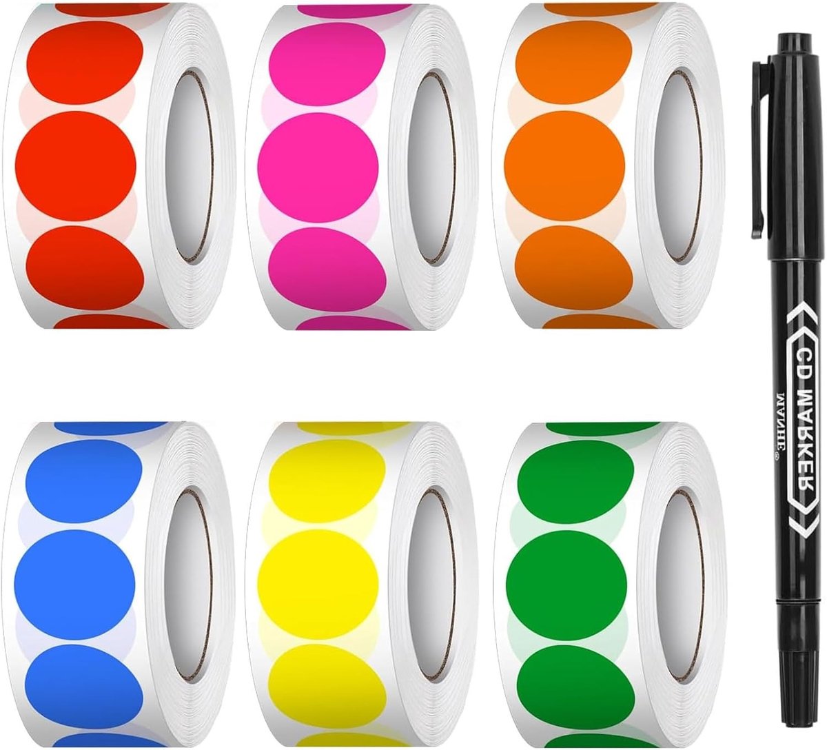 SnelShoppen - Pack van 3000 Kleurige Zelfklevende Dots, 20 mm Rond Stickers in 6 Kleuren, Hoogwaardige Labels met 1 Marker voor Categoriseren, Waarsch