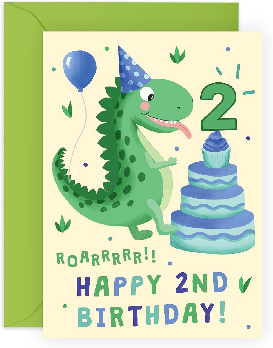 Gelukkige 2e verjaardagskaart voor jongens - leeftijd twee - dinosaurus verjaardagskaart voor zoon neef - tweede verjaardag geschenken voor hem - wordt geleverd met leuke stickers - Made in