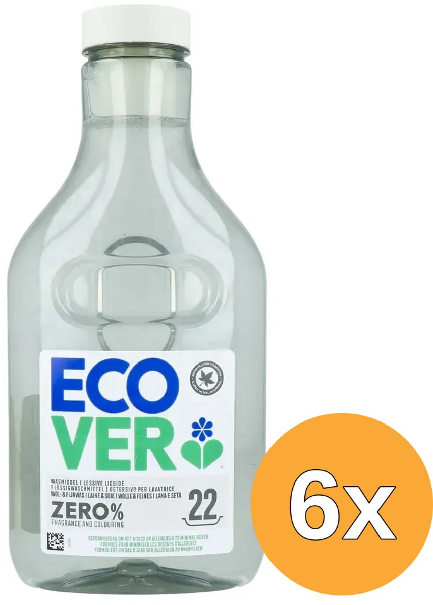 6x Ecover Wasmiddel Zero Wol & Fijn (1000 ml)