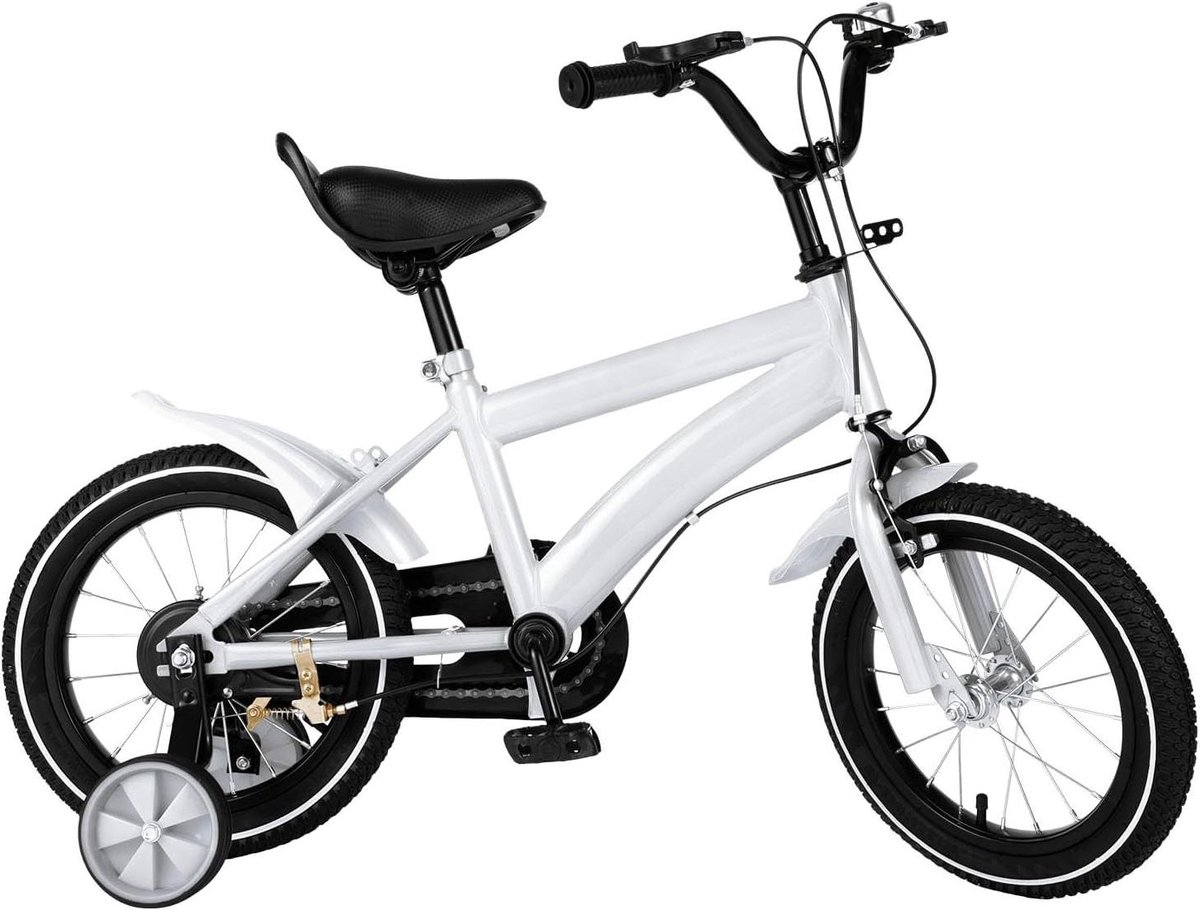Kinderfiets 14 inch Loopfiets met steunwielen Kind motoriek trainen Dubbele rem 14 inch Wit zwart
