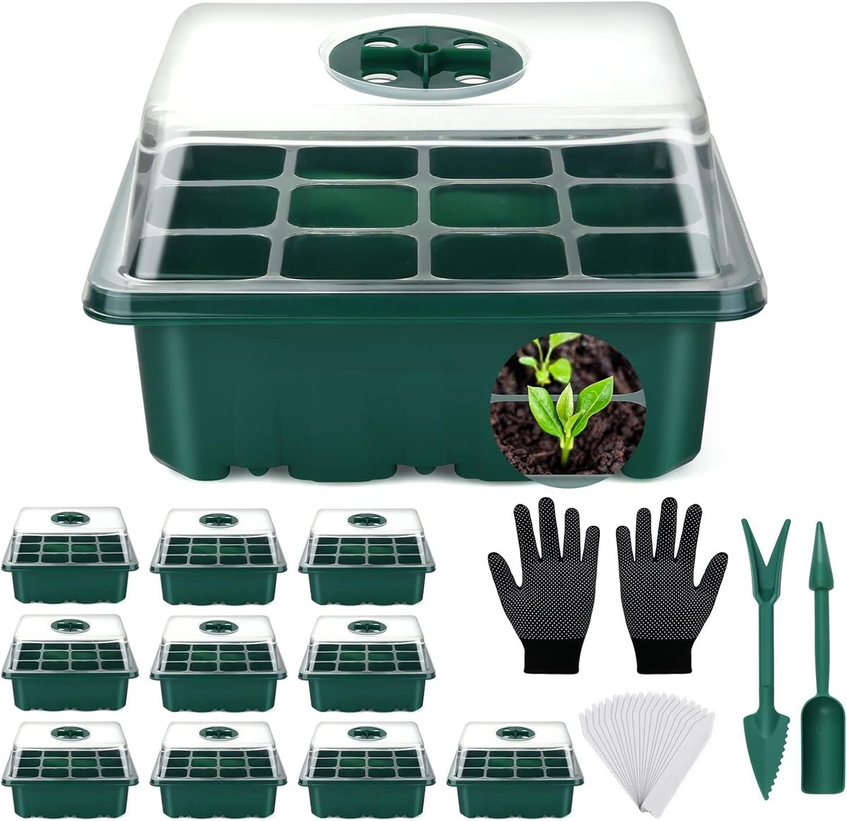 Kiempot - Groen - 11 stuks - Kunststof zaailingsschalen met transparante deksel - Voor zaaien en ontkiemen