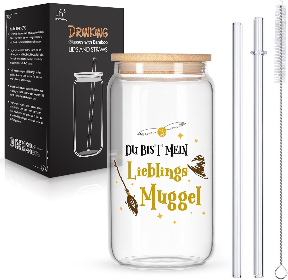 Ijskoffie glazen - Favoriete Muggel - 500 ml - Borosilicaatglas met Bamboedeksel en Rietjes - Voor Volwassenen