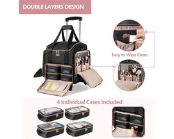 Professionele Make-up Tas met Wielen en 4 Losse Cases, Ideaal voor Make-up Artists en Reizen, Zwart
