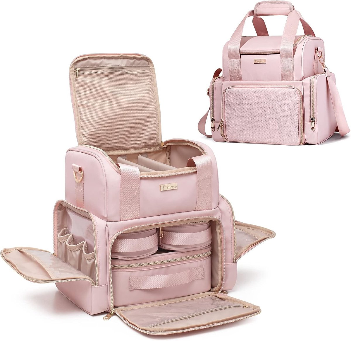 Grote cosmetische tas met 3 binnenvakken, dubbele laag make-up organizer met vak voor make-upkwasten, roze en multifunctioneel ontwerp
