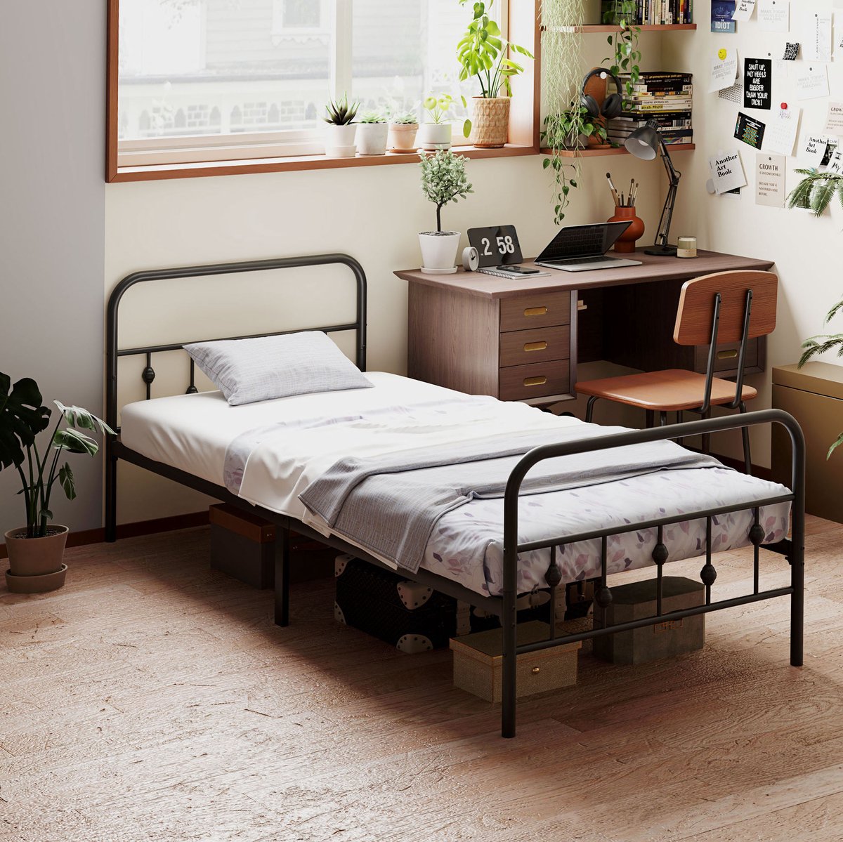 COVREO Bedframe met inklapbaar ontwerp – 206,9x91,8x82,5 cm – Eenpersoonsbed van metaal met stille structuur – Slaapkamerbed met 32 cm opbergruimte – Zwart - zonder matras