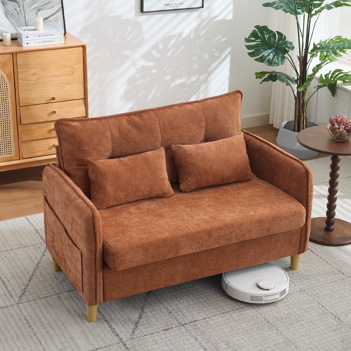 Wishdor 2-zits bank - Chenille - Armleuningen - Opbergtasjes - Houten frame - Bruin - 127 cm - woonkamer en kantoor