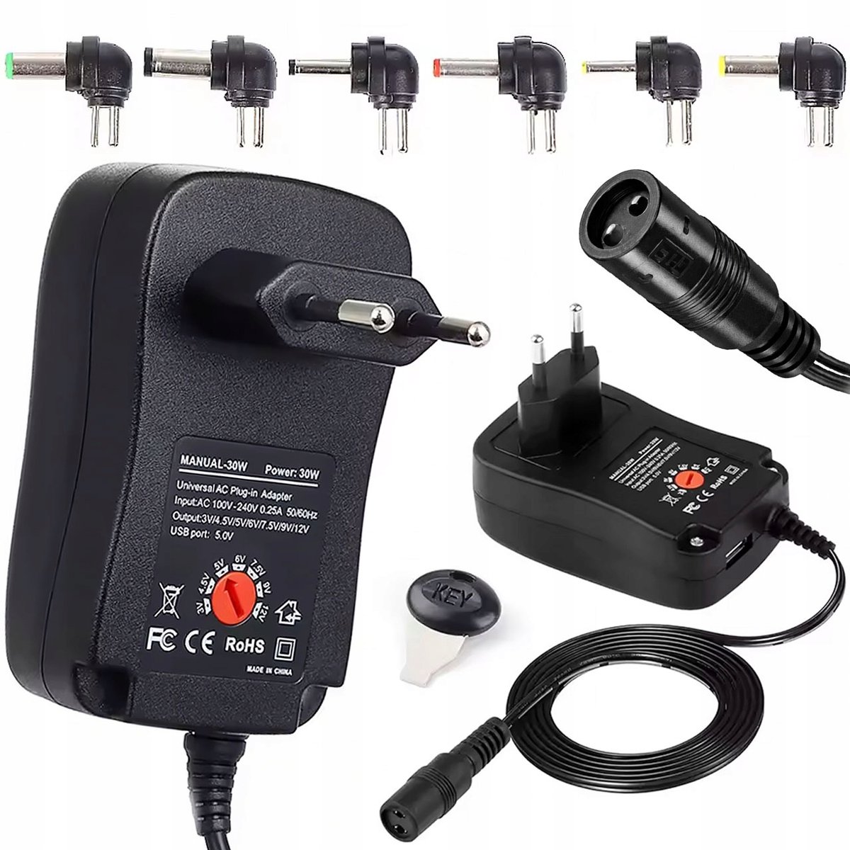 Rosfix DC Voeding 30W - Verstelbare Voeding 3–12V - 1,2A 5V USB - 6 Hoekstekkers EU voor Elektronica