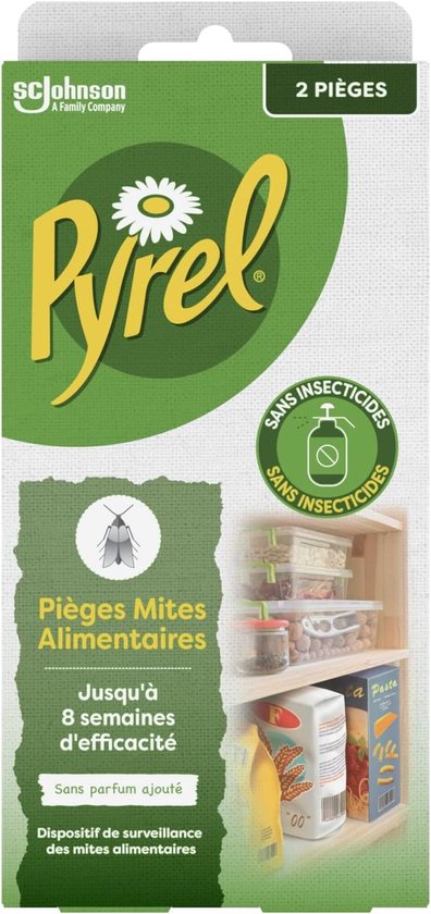 Doos Pyrel Voedselmottenvallen. Met het logo Pyrel, een madeliefje, een mot en opgestapelde voedselpotten. Tekst: 'SANS INSECTICIDES', 'Pièges Mites Alimentaires', 'Jusqu'à 8 semaines d'efficacité', 'Sans parfum ajouté'.