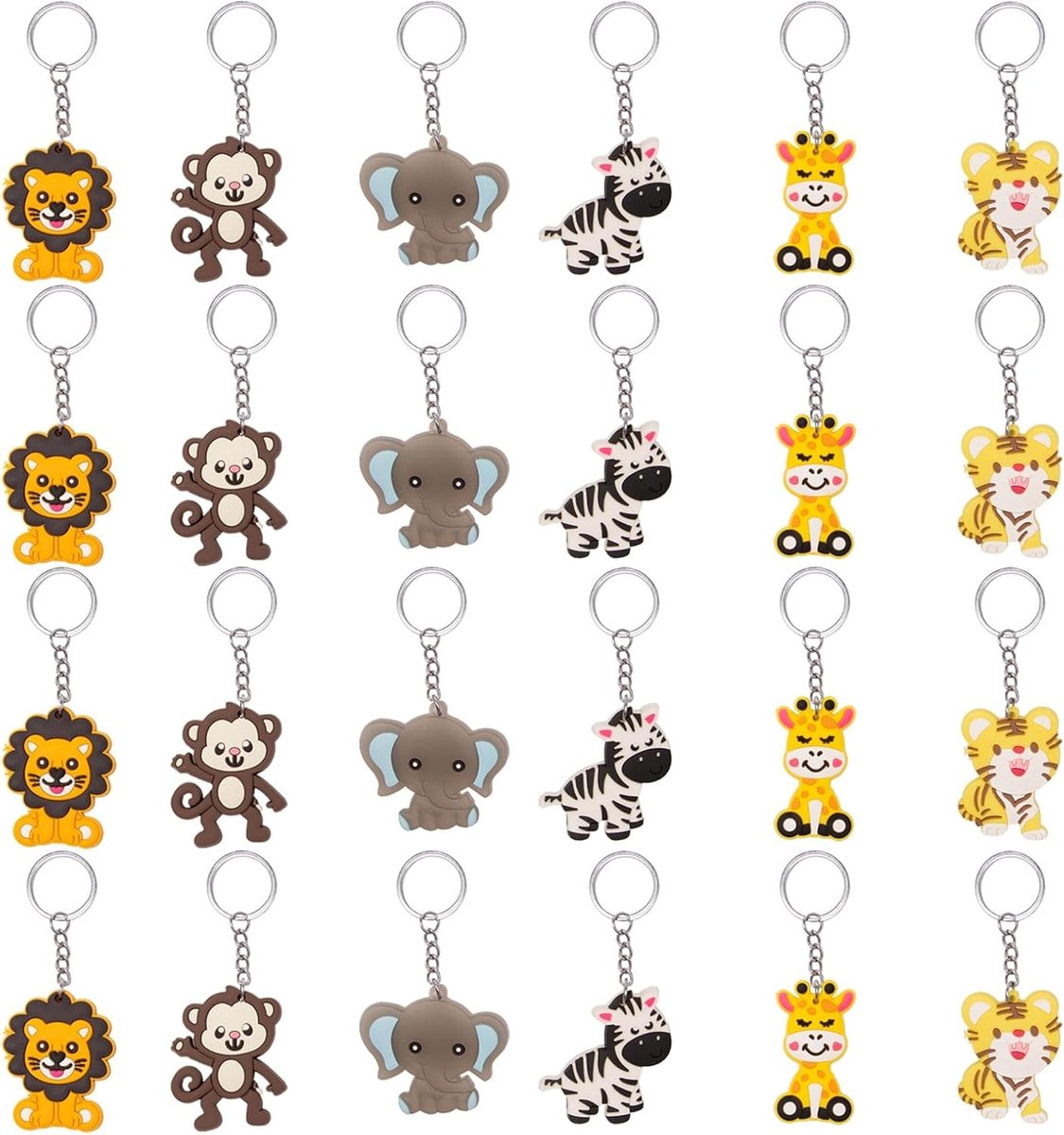 Set van 24 Jungle Dieren Sleutelhangers voor Kinderen, Safari Themaparty, Cadeau voor Kinderfeestjes en Communie, 6 Verschillende Patronen