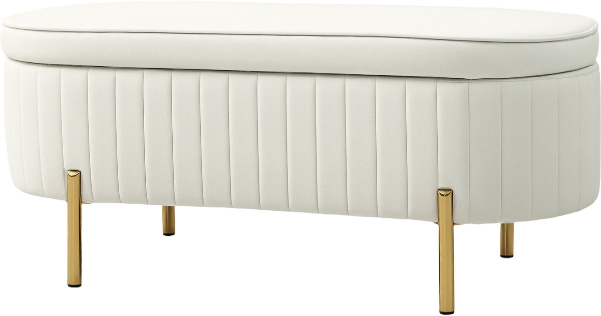 Bankje met scharnierend deksel en opbergruimte - stoffen bekleding - metaal - crèmewit + goud