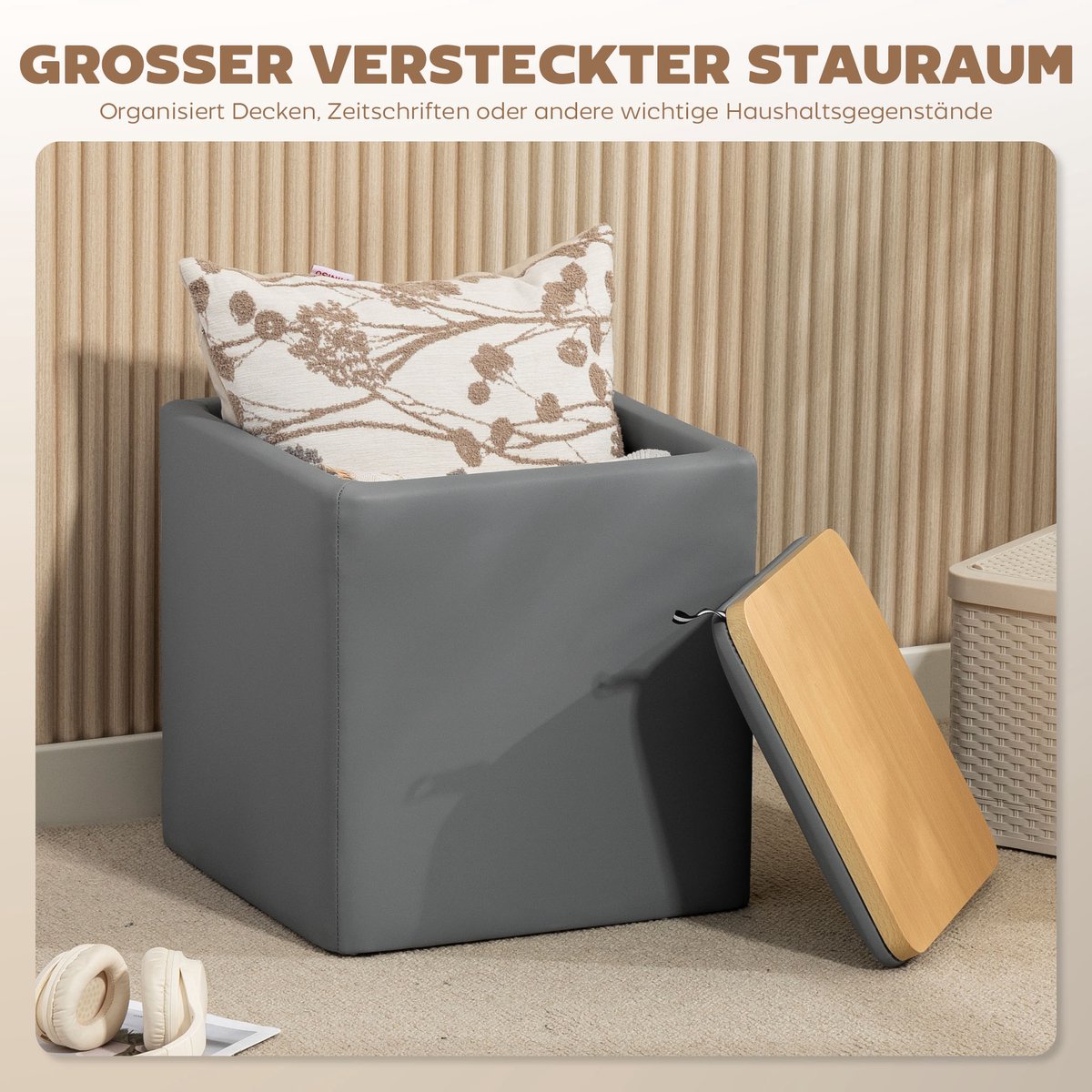 Opbergpoef met deksel - vierkante voetenbank - zitkubus van kunstleer - 40 x 40 x 40 cm - grijs