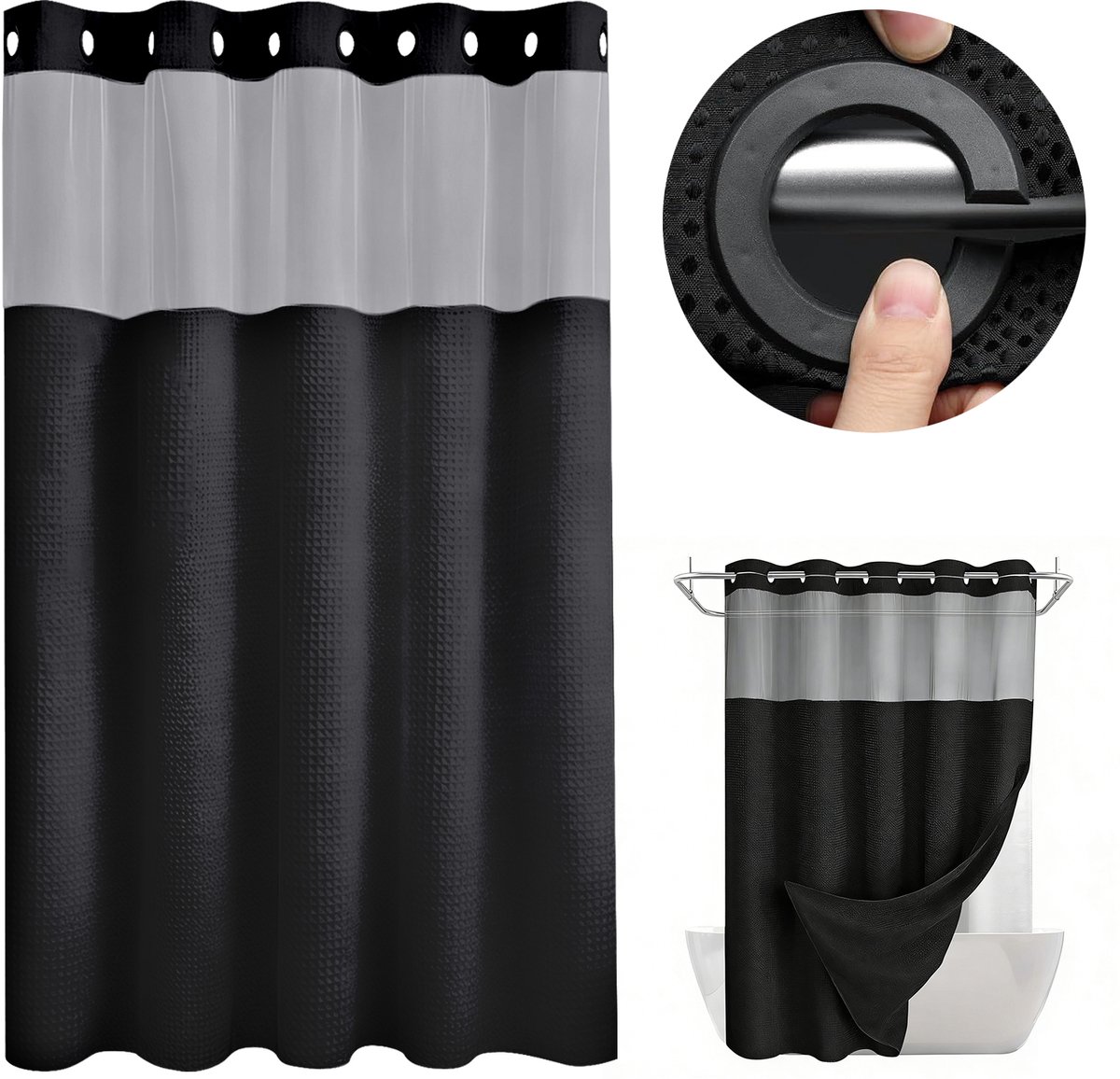 MODFU Douchegordijn – 183x190 cm – Haakloos & dubbele laag – Met lichtvenster – Stijlvol zwart badkamer gordijn – Wasbaar – Polyester – Zwart