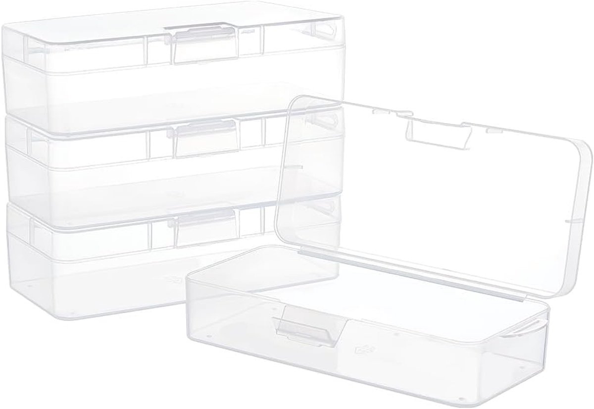 4 Stuks Rechthoekige Plastic Opbergdozen, 18 x 7.5 x 4.8 cm, Transparante Organizers met Flipdeksel en Hanggat voor Knutselaccessoires en Kantoorbenodigdheden