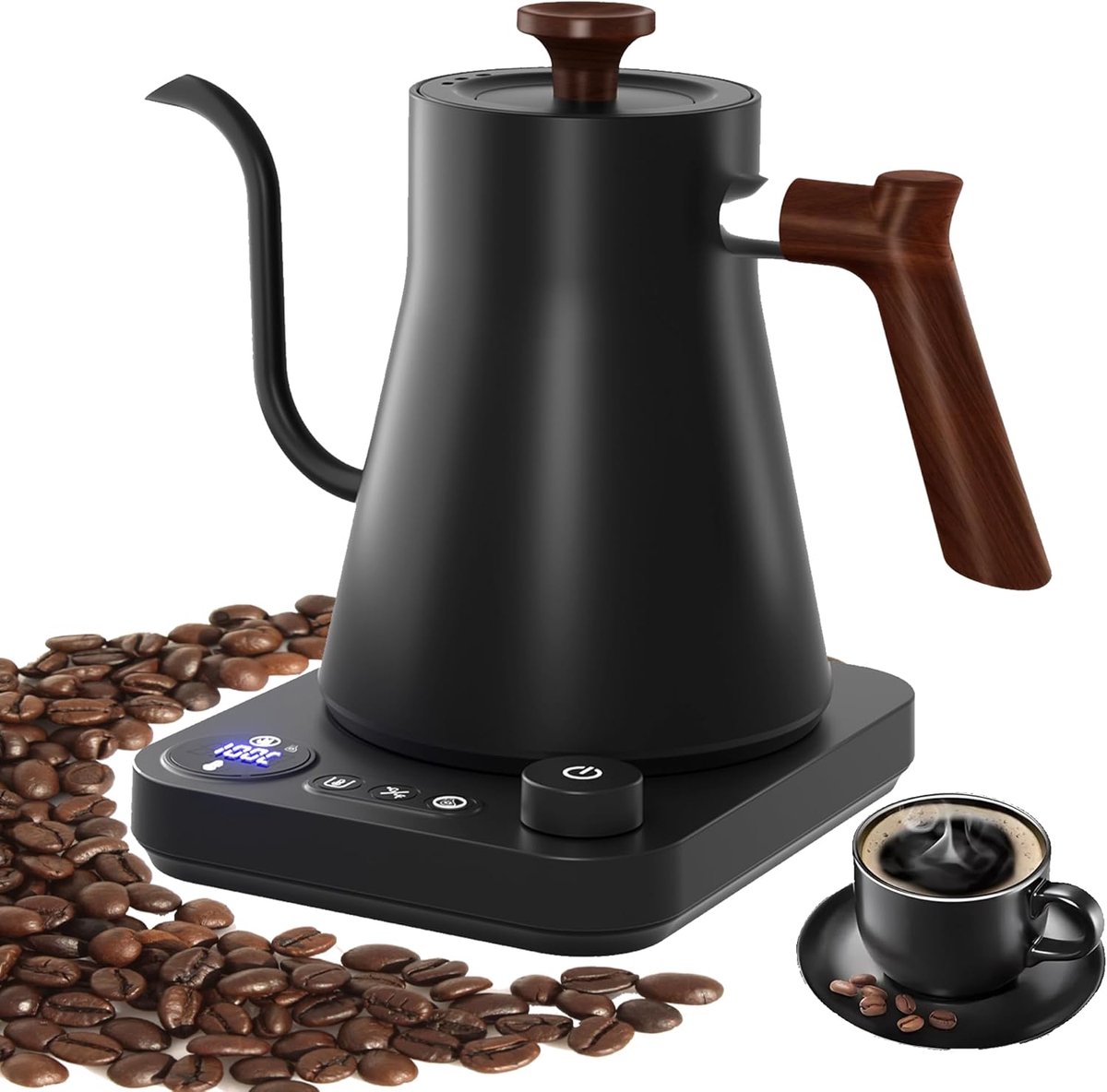 Zwanenhals Waterkoker 0,9 l, 1200 W, Warmwaterdispenser met Digitale Temperatuurregeling 40–100 °C, Real-time Temperatuurweergave, Warmhoudfunctie, 304 RVS, Elektrische Theemaker voor Koffie en Thee - Zwart