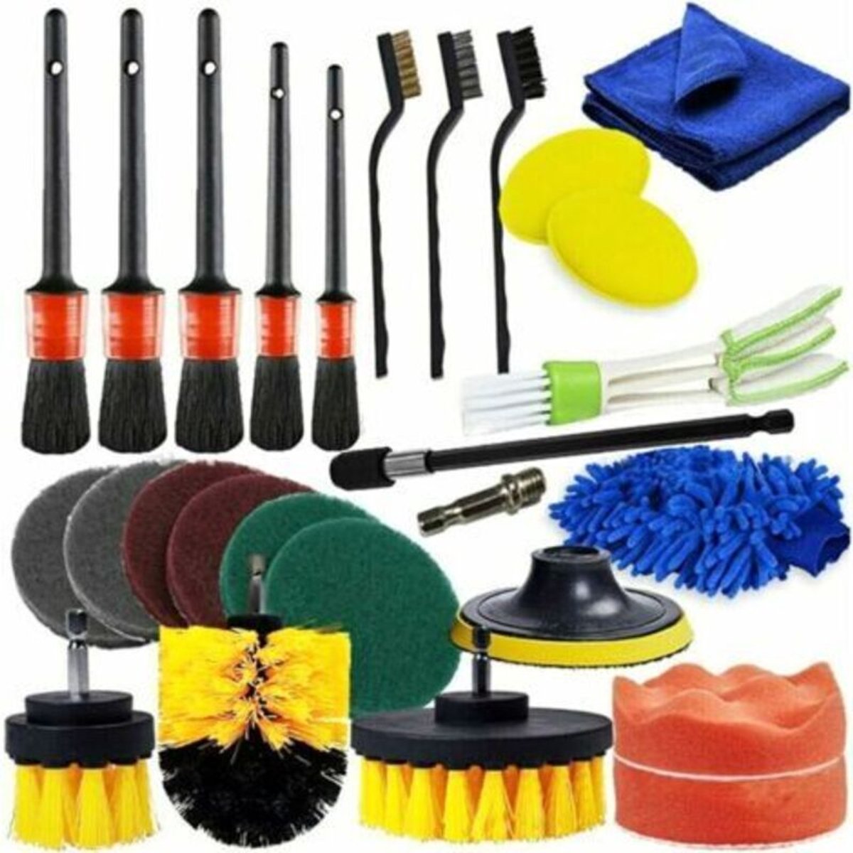 Deze 26-delige set boorborstels bevat borstels, boorschijven en schuurmiddelen. Hij is geschikt voor het reinigen van auto-interieurs, wielnaven, badkameroppervlakken, vloeren, badkuipen en auto's.