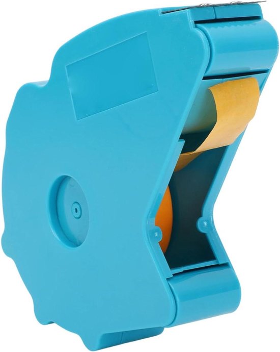 Zijaanzicht van een blauwe tapehouder met een rol gele tape in de interne houder.
