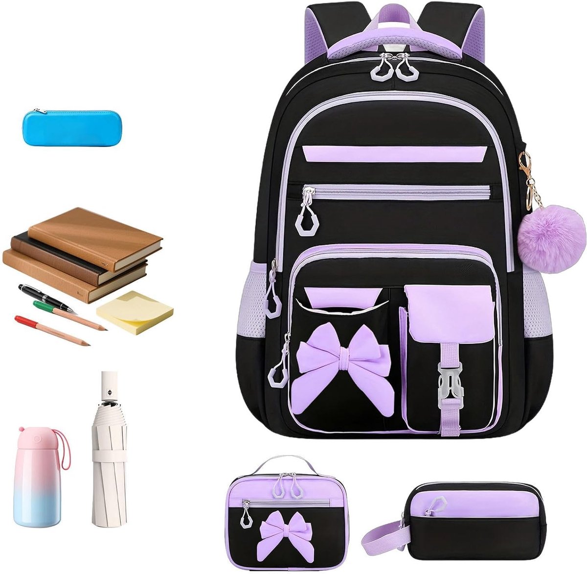 Ulisem - Schoolrugzak Meisjes - 3-Delige Rugzakset met Lunchtas & Etui - Grote Schooltas voor 15,6 Inch Laptop - Basisschool & Middelbare School - Zwartpaars