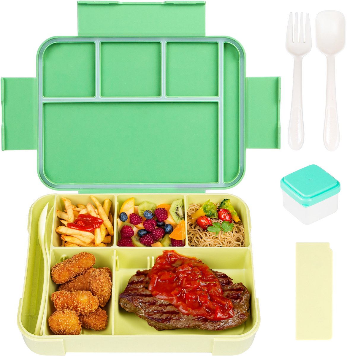 Sanorum Bento Lunchdoos voor Gezinnen: 6 Vakken Lunchcontainers voor Volwassenen, Kinderen en Peuters inclusief Sauscontainers - Veilig voor Magnetron, Vaatwasser en Vrieskast | BPA-vrij