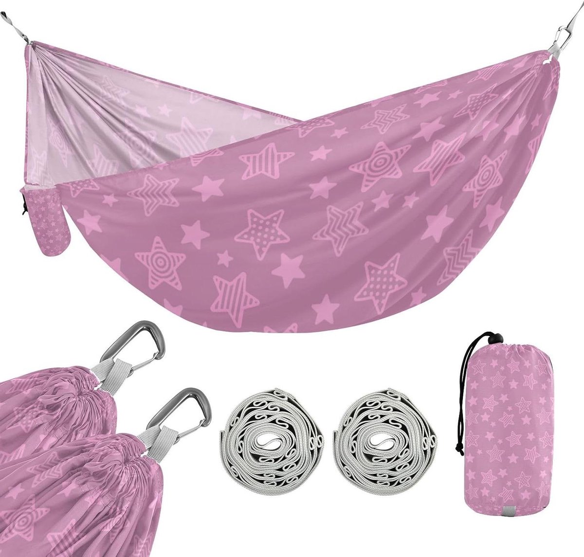 Hangmat met Sterrenprint - Kampeerhangmat Schommel - Buiten Ontspannen - Inclusief Draagtas - 290 x 138 cm - Perzik